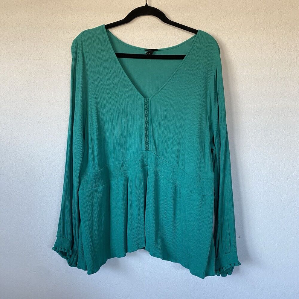 Torrid Womens Peplum Blouse Sz 4X‎ Emerald Green Gauze Long Sleeve Smocking Boho